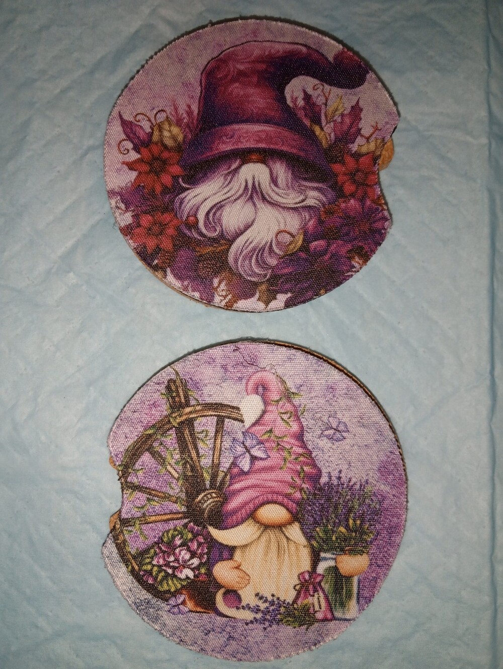Car Beverage/Cup Coasters Purple Floral Gnomes